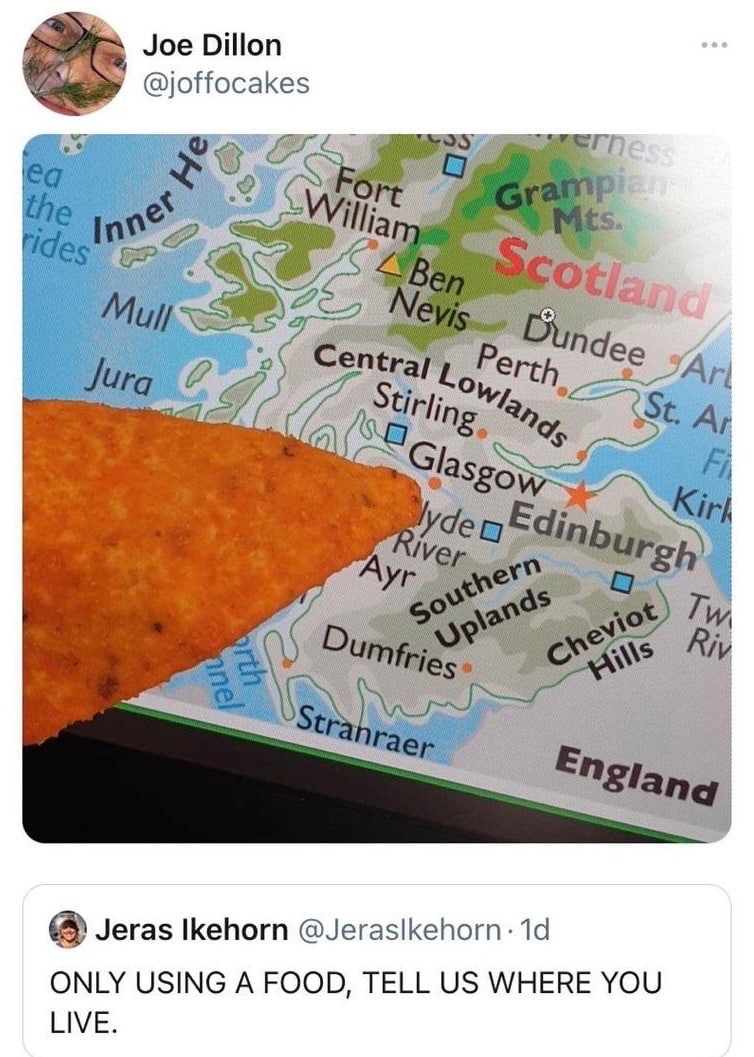 Joe Dillon @joffocakes dee А 4 Jeras Ikehorn ONLY USING A FOOD, TELL WHERE YOU LIVE,