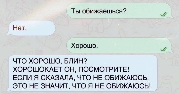 Ты обижаешься? Нет. Хорошо. ЧТО ХОРОШО, БЛИН? ХОРОШОКАЕТ ОН, ПОСМОТРИТЕ! ЕСЛИ Я СКАЗАЛА, ЧТО НЕ ОБИЖАЮСЬ, ЭТО НЕ ЗНАЧИТ, ЧТО Я НЕ ОБИЖАЮСЬ!