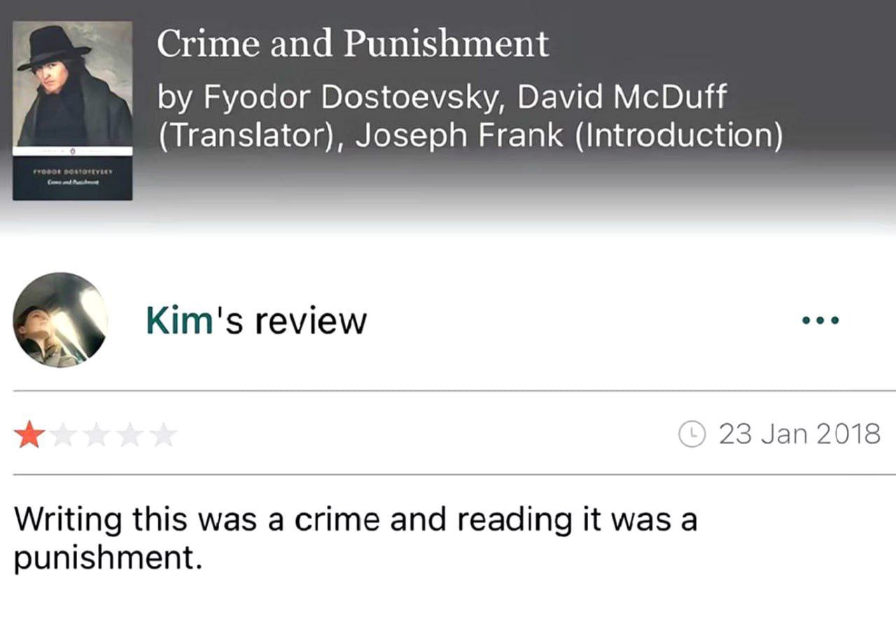 and Punishment Fyodor Dostoevsky, David McDuff (Translator), Joseph Frank (Introduction) Kim's review 23 Jan 2018 Writing this was a crime and reading it was a punishment.