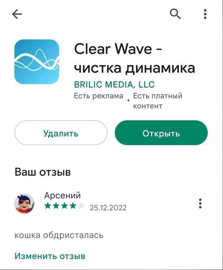 Clear Wave чистка динамика BRILIC MEDIA, LLC Есть реклама Есть платный контент Удалить Ваш отзыв Арсений 25.12.2022 кошка обдристалась Изменить отзыв