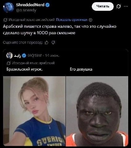ShreddedNerd @о Исходный язык: английский Показать оригинал 4$} Арабский пишется справа налево, так что это случайно сделало шутку в 1000 раз смешнее Оцените этот перевод: 2% 14 июн. Исходный язык: ар