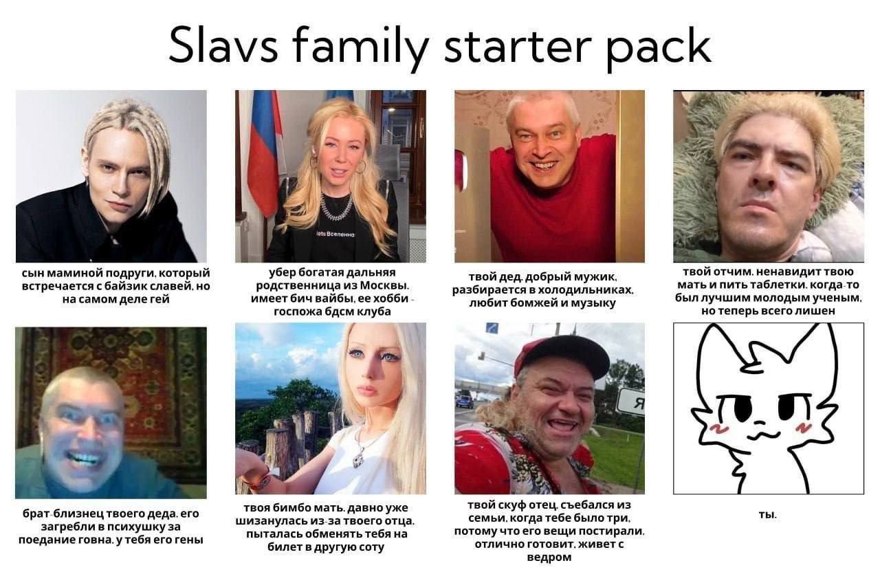 Slavs family starter pack сын маминой подруги, который убер богатая дальняя твой дед. добрый мужик, твой отчим. ненавидит твою встречается с байзик славей, но родственница из Москвы мать и пить таблет