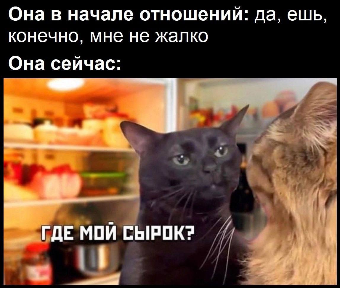 Она в начале отношений: да, ешь, конечно, мне не жалко Она сейчас: ГДЕ МОЙ СЫРОК?