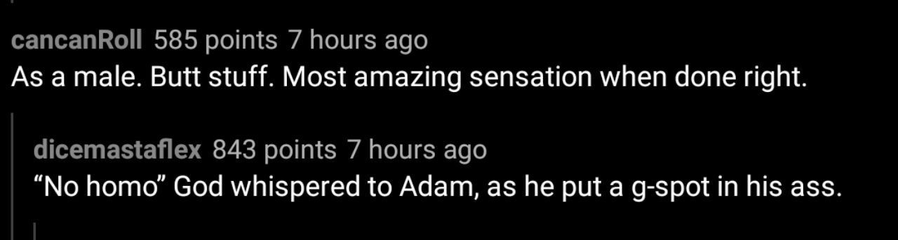 cancanRoll 585 points 7 hours ago As a male. Butt stuff. Most amazing sensation when done right. dicemastaflex 843 points 7 hours ago “No homo’ God whispered to Adam, as he put a g-spot in his ass.