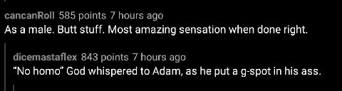 cancanRoll 585 points 7 hours ago As a male. Butt stuff. Most amazing sensation when done right. dicemastaflex 843 points 7 hours ago “No homo’ God whispered to Adam, as he put a g-spot in his ass.