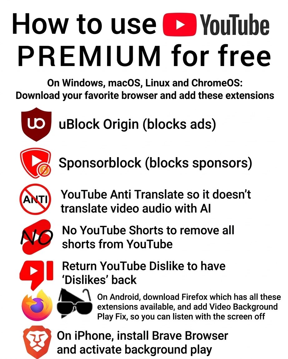 How to use PREMIUM for free On Windows, Linux and ChromeOS: Download your favorite browser and add these extensions uBlock Origin (blocks ads) Sponsorblock (blocks sponsors) YouTube Anti Translate so 