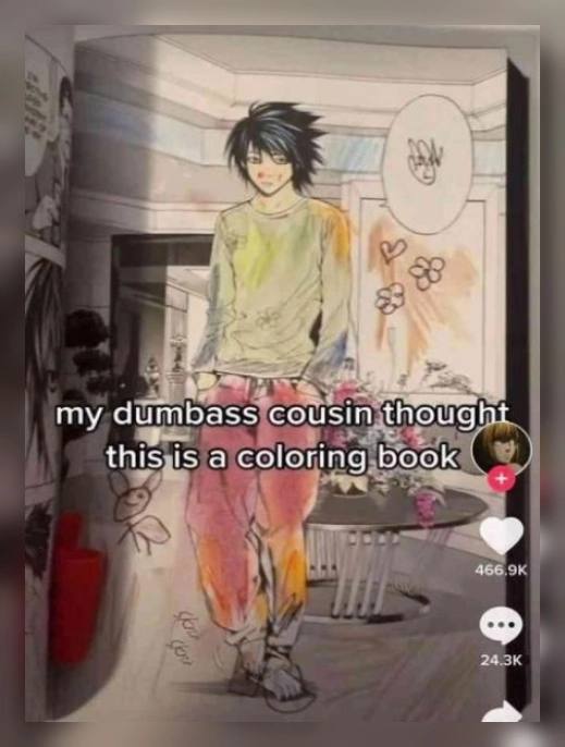 my dumbass cousin thought this is a coloring book