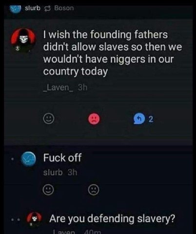 2 wish the founding fathers didn't allow slaves so then we wouldn't have niggers in our country today ауеп Fuck off slurb Are you defending slavery?