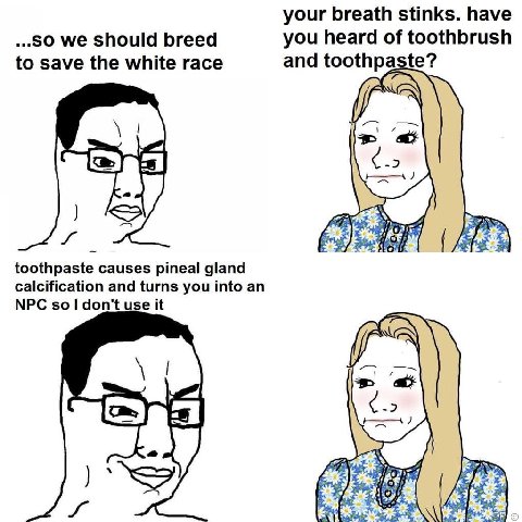 your breath stinks. have ..SO we Should breed you heard of toothbrush to save the white race and toothpaste? toothpaste causes pineal gland calcification and turns you into an NPC sol don't use it NSS