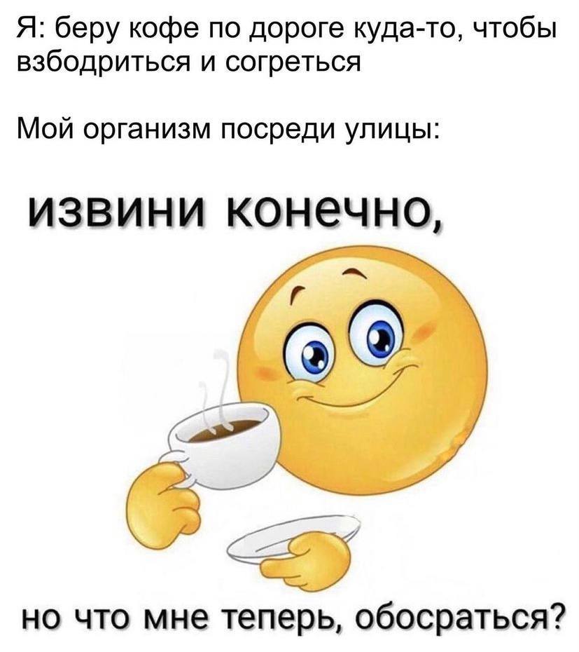 Я: беру кофе по дороге куда-то, чтобы взбодриться и согреться Мой организм посреди улицы: извини конечно, но что мне теперь, обосраться?