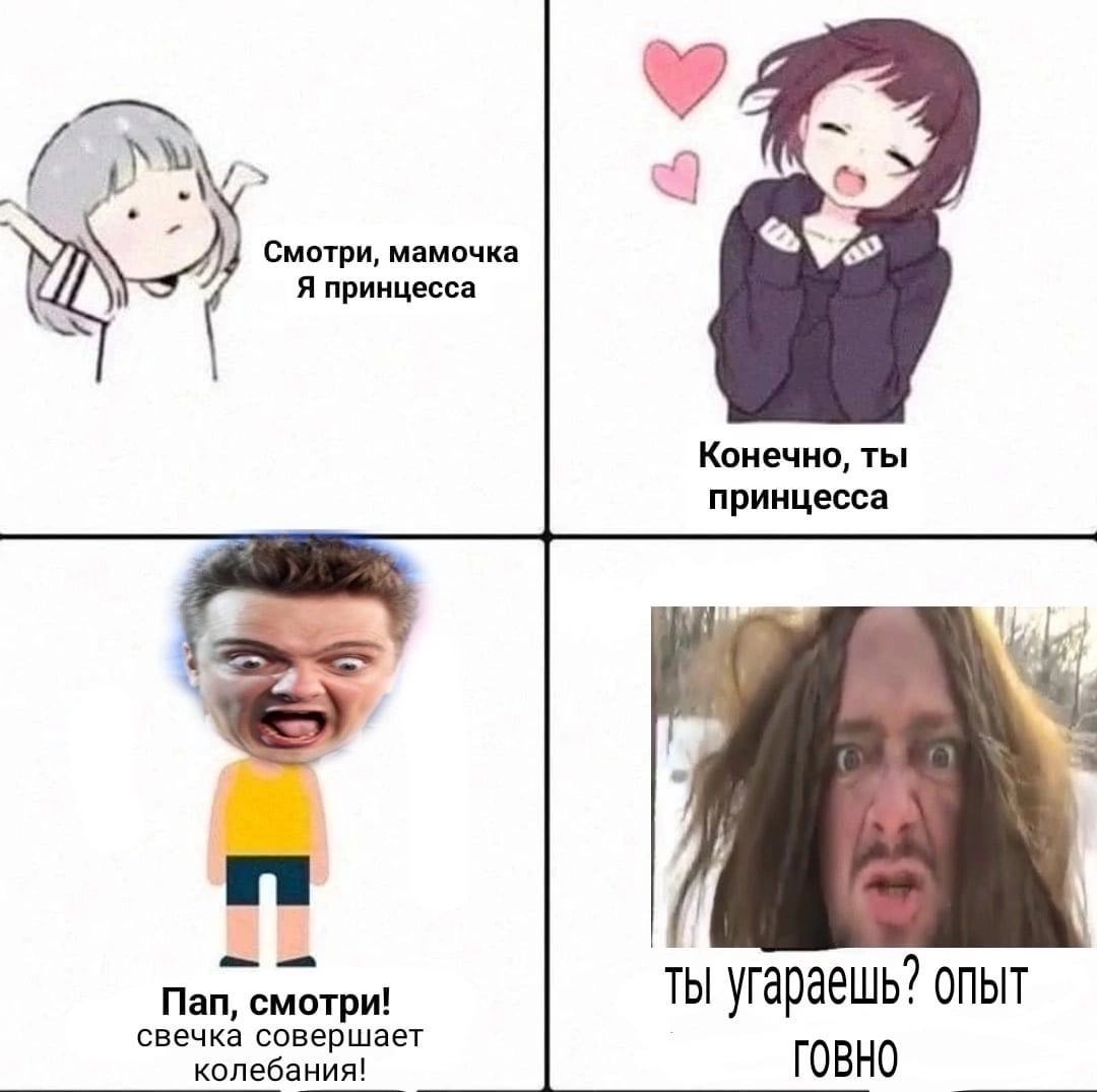 4 Смотри, мамочка Я принцесса Конечно, ты принцесса Пап, смотри! ты угараешь? опыт свечка совершает колебания! ГОВНО