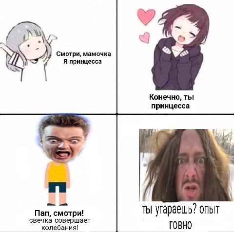 4 Смотри, мамочка Я принцесса Конечно, ты принцесса Пап, смотри! ты угараешь? опыт свечка совершает колебания! ГОВНО
