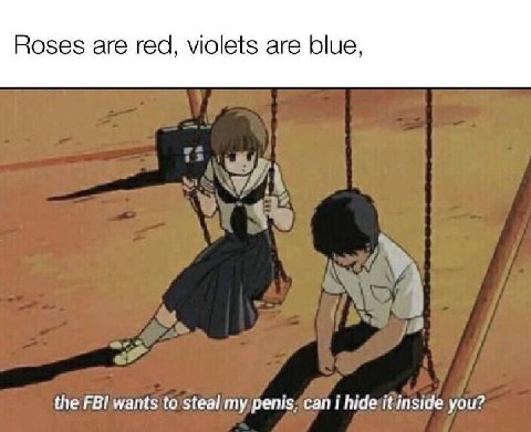 Roses are red, violets are blue, the FBI wants to steal my penis, сал hide it inside you?