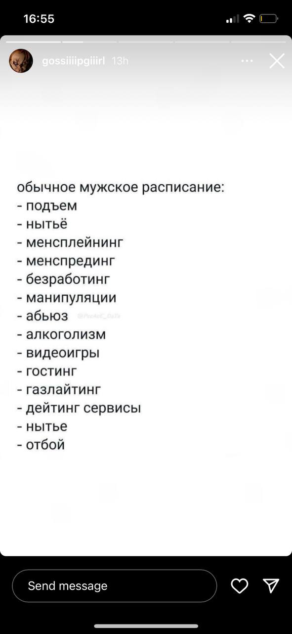 16:55 of обычное мужское расписание подъем нытьё менсплейнинг менспрединг безработинг манипуляции абьюз алкоголизм видеоигры ГОСТИНГ газлайтинг дейтинг сервисы нытье отбой Send message