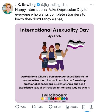 Rowling Happy International Fake Oppression Day to everyone who wants complete strangers to know they don't fancy a shag. International Asexuality Day April Asexuality is where a person experiences li