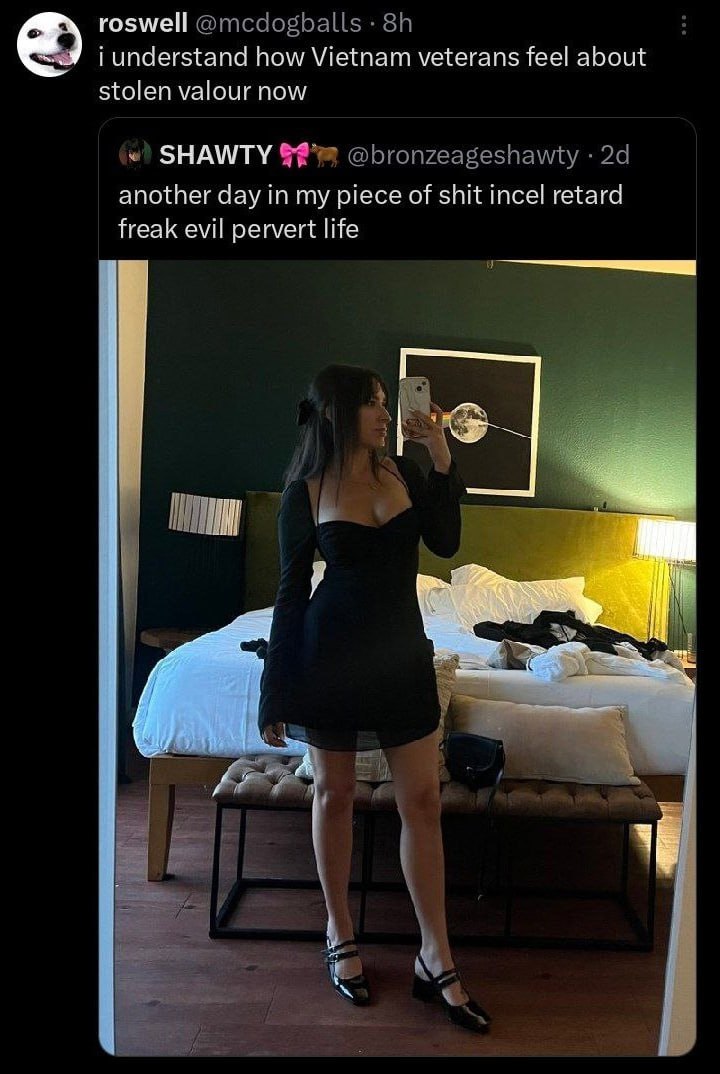roswell @mcdogballs i understand how Vietnam veterans feel about stolen valour now SHAWTY @bronzeageshawty another day in my piece of shit incel retard freak evil pervert life Я