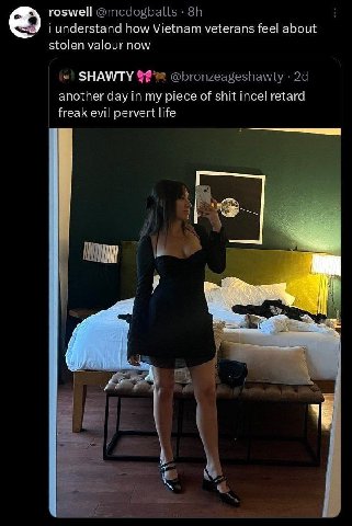 roswell @mcdogballs i understand how Vietnam veterans feel about stolen valour now SHAWTY @bronzeageshawty another day in my piece of shit incel retard freak evil pervert life Я
