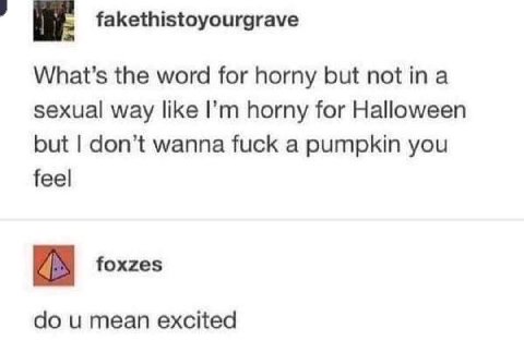 fakethistoyourgrave the word for horny but notina sexual way like horny for Halloween but don’t wanna fuck a pumpkin you feel foxzes mean excited