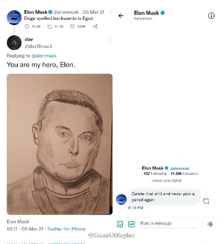 Elon Musk @elonmusk Об Mar 21 Elon Musk Doge spelled backwards is Egod @elonmusk О dav @davfilmsx3 Replying to @elonmusk You are my hero, Elon. Elon Musk @elonmusk 107 Followers Joined June 2009 Delet