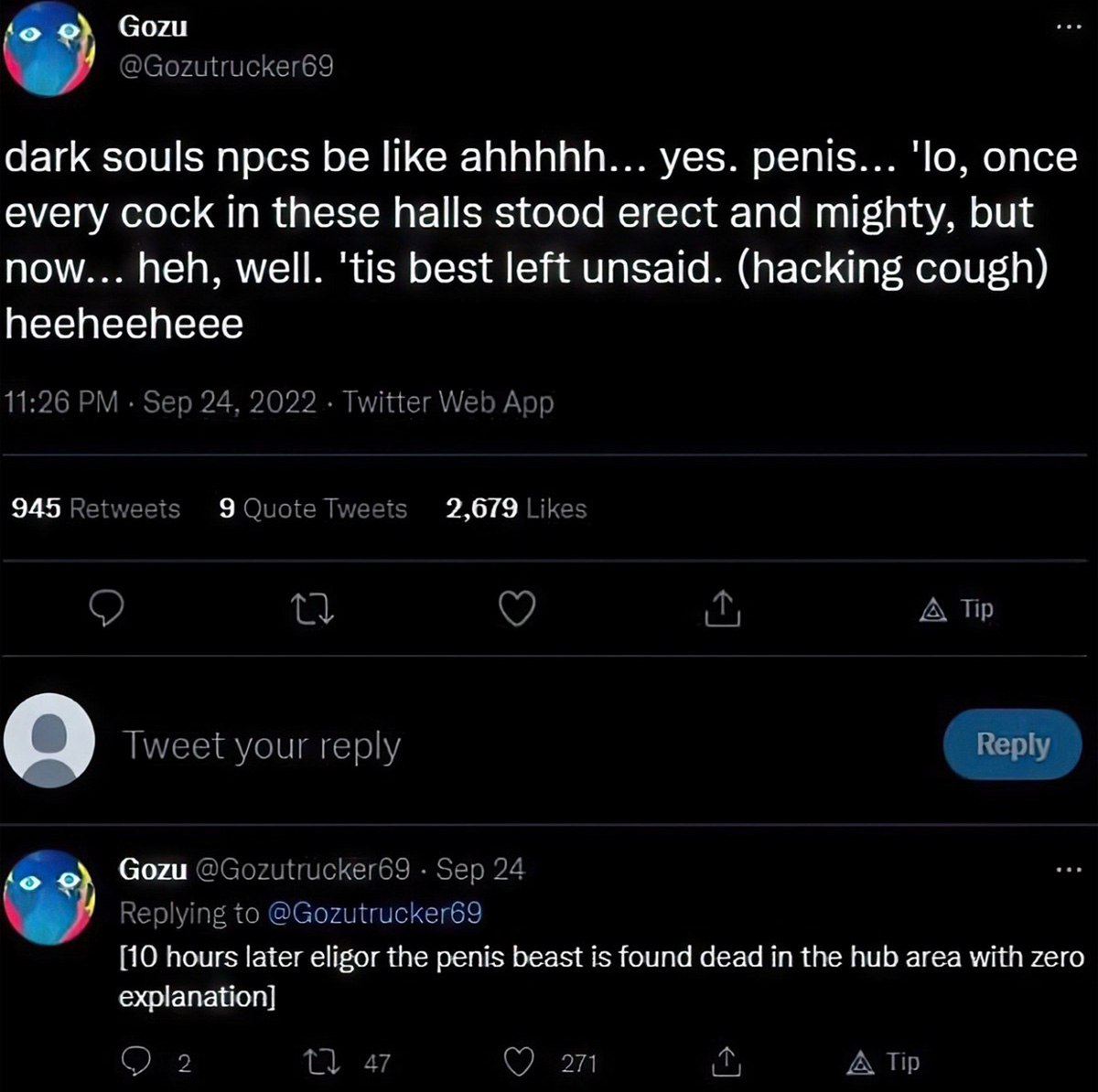 боти @Gozutrucker69 dark souls npcs be like ahhhhh... yes. penis... once every cock in these halls stood erect and mighty, but now... heh, well. 'tis best left unsaid. (hacking cough) heeheeheee 11:26