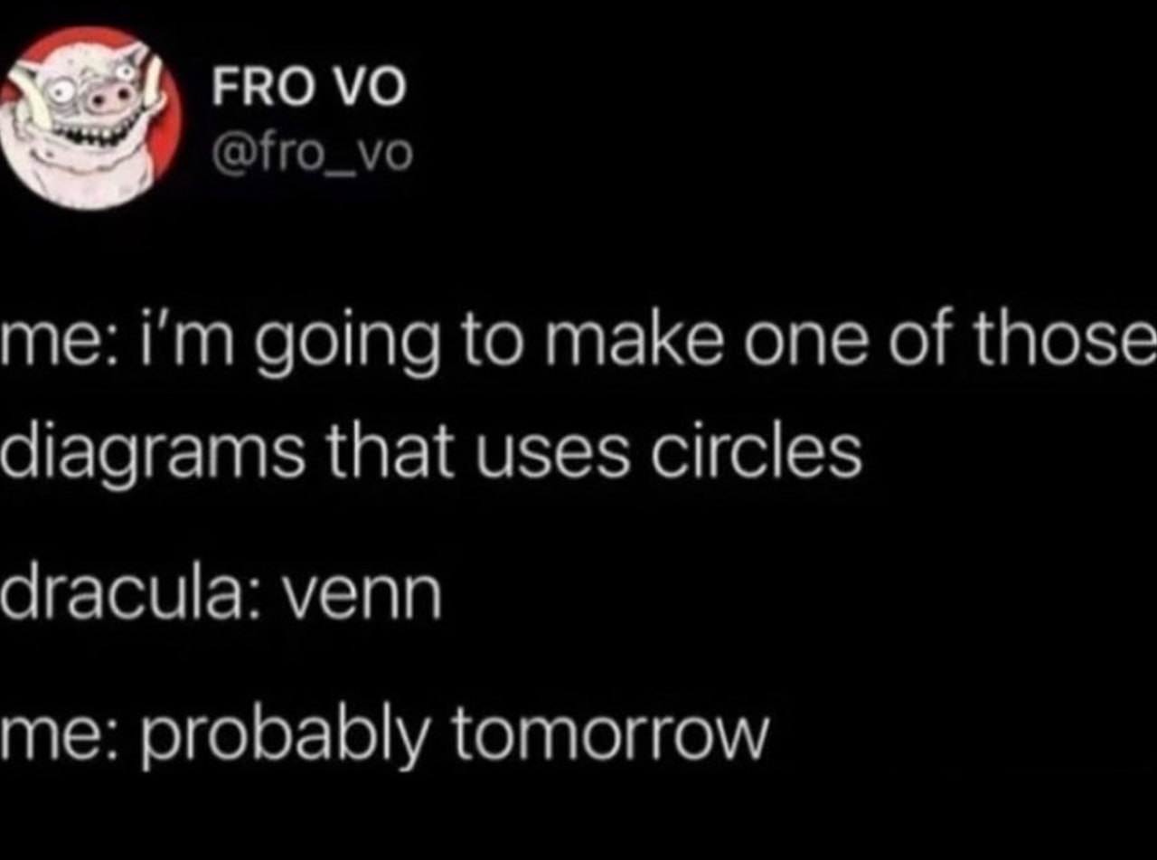 FRO @fro_vo me: going to make one of those diagrams that uses circles dracula: venn me: probably tomorrow