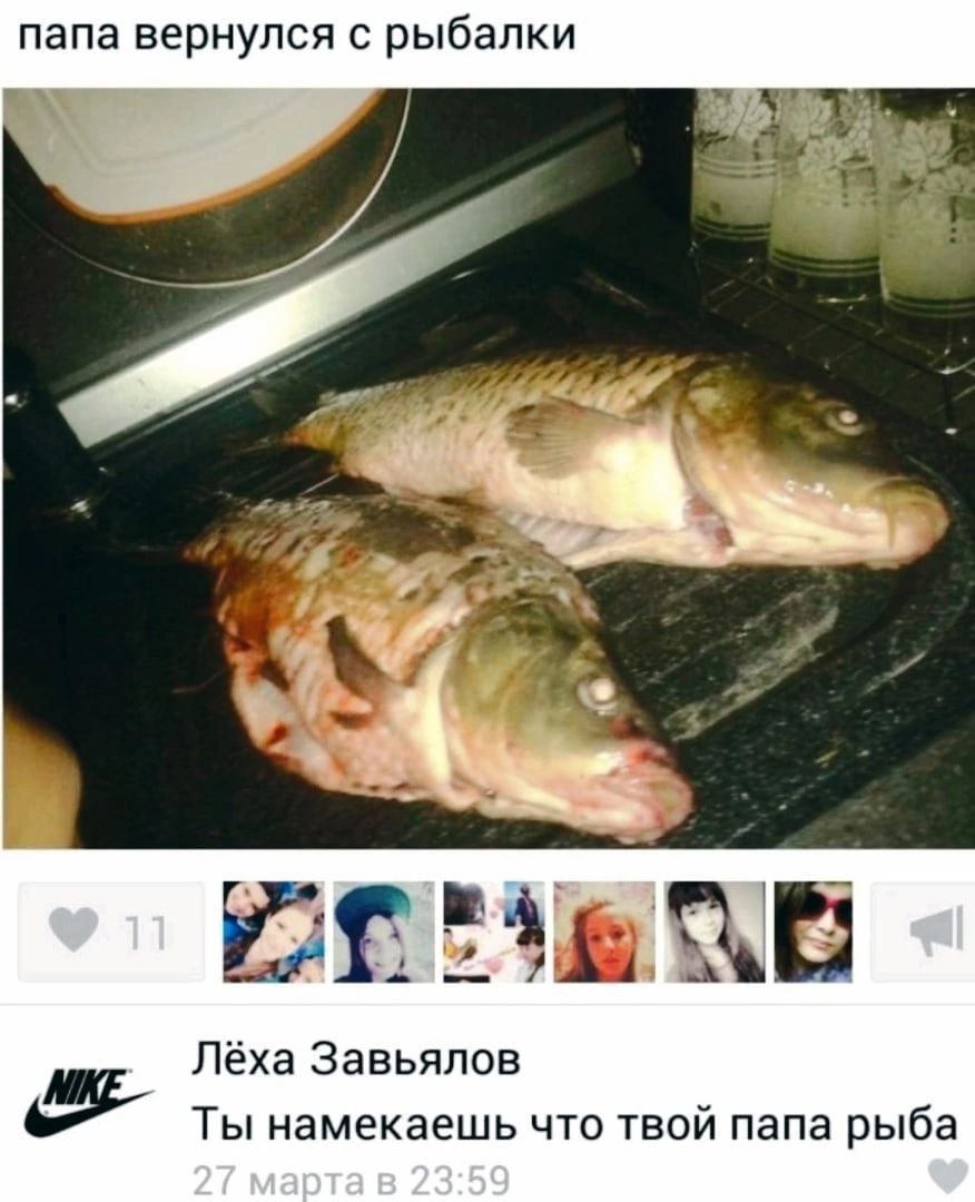 папа вернулся с рыбалки Лёха Завьялов Ты намекаешь что твой папа рыба
