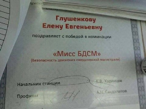 a Глушенкову Елену Евгеньевну с победой в номинации «Мисс БДСМ» (безопасность движения магистрали) Начальник стани в i