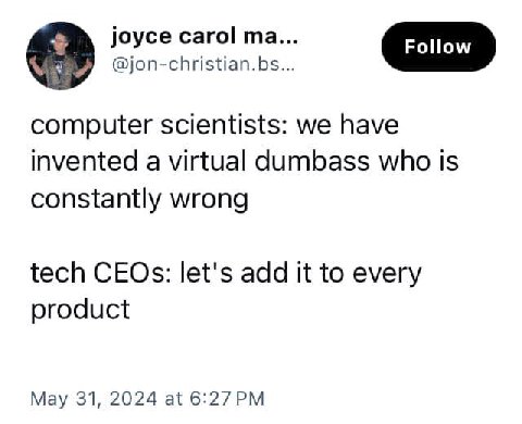 joyce carol @jon-christian.bs... computer scientists: we have invented a virtual dumbass who is constantly wrong tech CEOs: let's add it to every product May 31, 2024 at