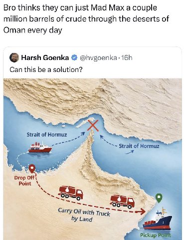 Bro thinks they can just Mad Мах a couple million barrels of crude through the deserts of Oman every day Harsh Goenka @hvgoenka-16h Can this be a solution? Strait of Strait of Ногти: Drop Offi Point C