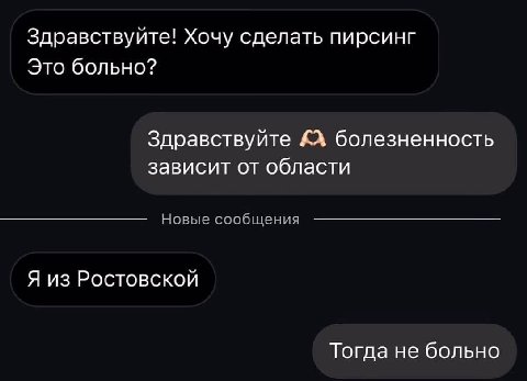 Здравствуйте! Хочу сделать пирсинг Это больно? Здравствуйте болезненность зависит от области Новые сообщения Я из Ростовской Тогда не больно
