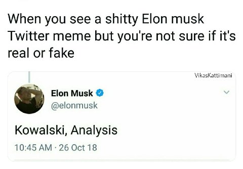 When you see а shitty Elon musk Twitter meme but you're not sure if it's real or fake VikasKattimani Elon Musk @elonmusk Kowalski, Analysis 10:45 26 Oct 18