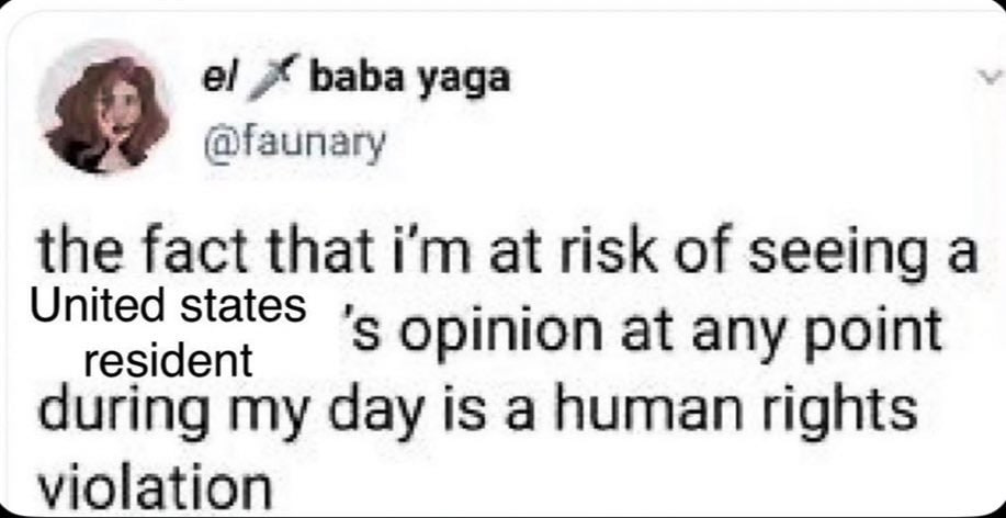 baba yaga (@faunary the fact that at risk of seeing a United states resident opinion at any point during my day is a human rights