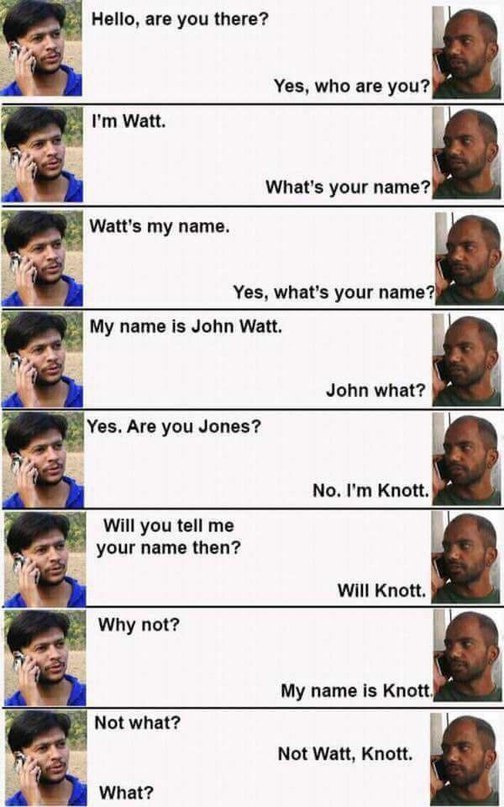 Hello, are you there? к a Yes, who are you? Watt. 4 A What's your name? Watt's my name. Yes, what’s your name? My name is John Watt. i John what? Yes. Are you Jones? Knott. Will you tell me к your nam
