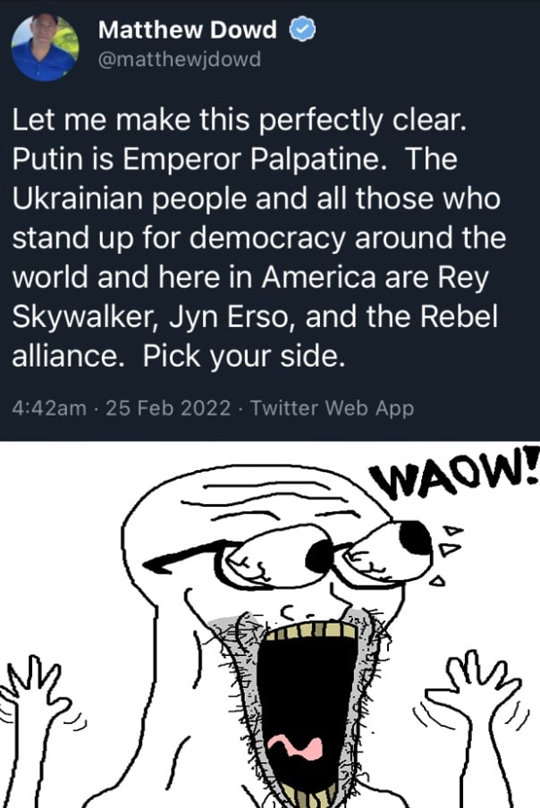 4 26 Matthew wjdo Let me make this perfectly clear Putin is Emperor Palpatine. The Ukrainian people and all those who stand up for democracy around the world and here in America are Rey Skywalker, Jyn