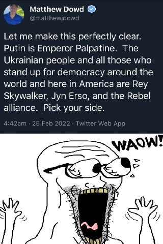 4 26 Matthew wjdo Let me make this perfectly clear Putin is Emperor Palpatine. The Ukrainian people and all those who stand up for democracy around the world and here in America are Rey Skywalker, Jyn