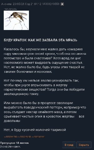 идеальный мир, но от комаров можно ожидать только спидорак (≖､≖╬)