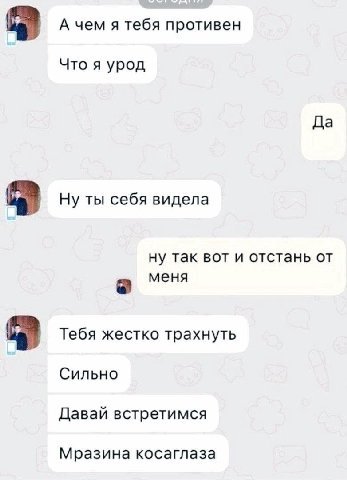 А чем я тебя противен Что я урод Да Ну ты себя видела ну так вот и отстань от меня а Тебя жестко трахнуть Сильно Давай встретимся Мразина косаглаза