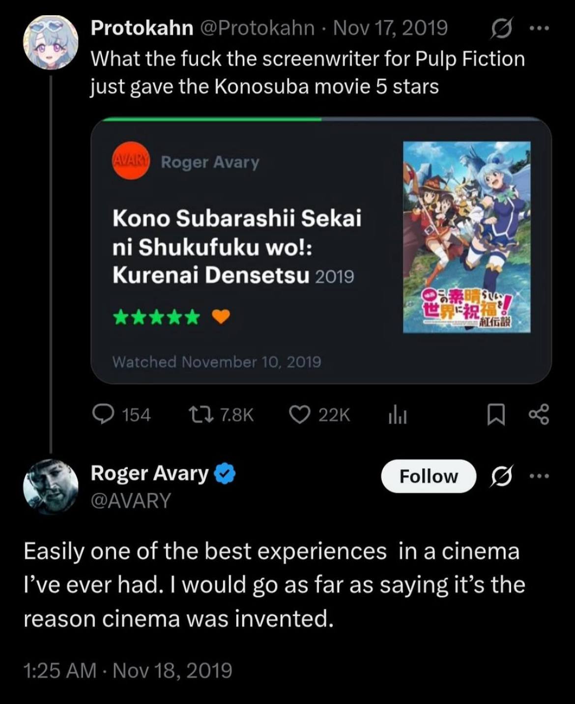 Protokahn @Protokahn 17, 2019 What the fuck the screenwriter for Pulp Fiction just gave the Konosuba movie 5 stars Roger Avary Kono Subarashii Sekai Shukufuku У Кигепа! 2019 1378к ©2 Roger Avary @AVAR