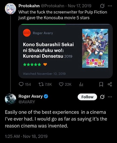 Protokahn @Protokahn 17, 2019 What the fuck the screenwriter for Pulp Fiction just gave the Konosuba movie 5 stars Roger Avary Kono Subarashii Sekai Shukufuku У Кигепа! 2019 1378к ©2 Roger Avary @AVAR