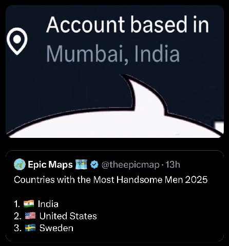 Account based Mumbai, India Epic Maps @theepicmap Countries with the Most Handsome Men 2025 1. India 2. United States 3. Sweden