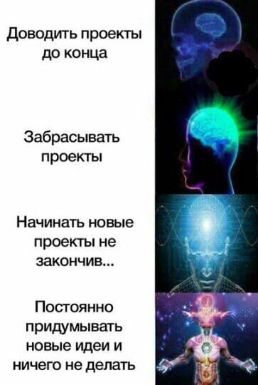 Доводить проекты до конца Забрасывать проекты Начинать новые проекты не закончив... Постоянно придумывать новые идеи и ничего не делать