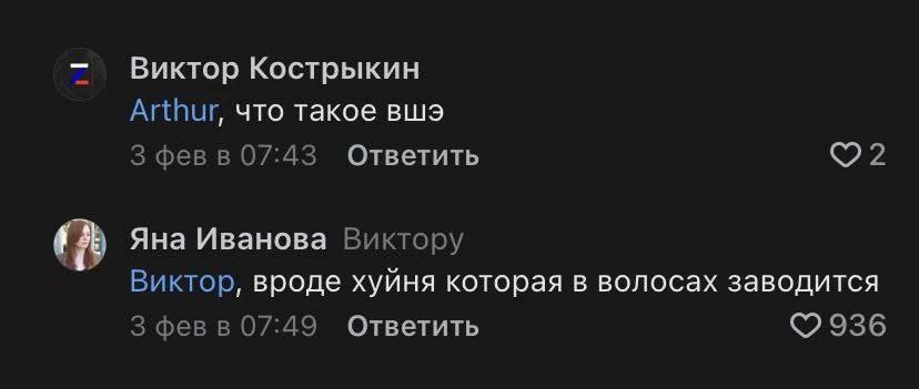Виктор Кострыкин Arthur, что такое вшэ 3 фев в 07:43 Ответить (А Яна Иванова Виктору Виктор, вроде хуйня которая в волосах заводится 3 февв 07:49 Ответить 936