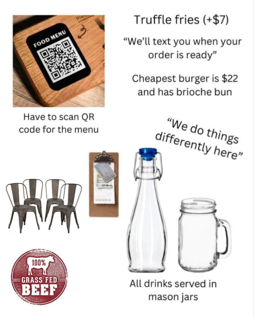 Truffle fries (+$7) text you when your order is ready Cheapest burger is $22 and has brioche bun Have to scan code for the menu thin 100% GRASS All drinks served in BEEF mason jars