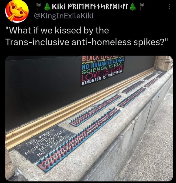@KingInExileKiki "What if we kissed the Trans-inclusive anti-homeless spikes?" С