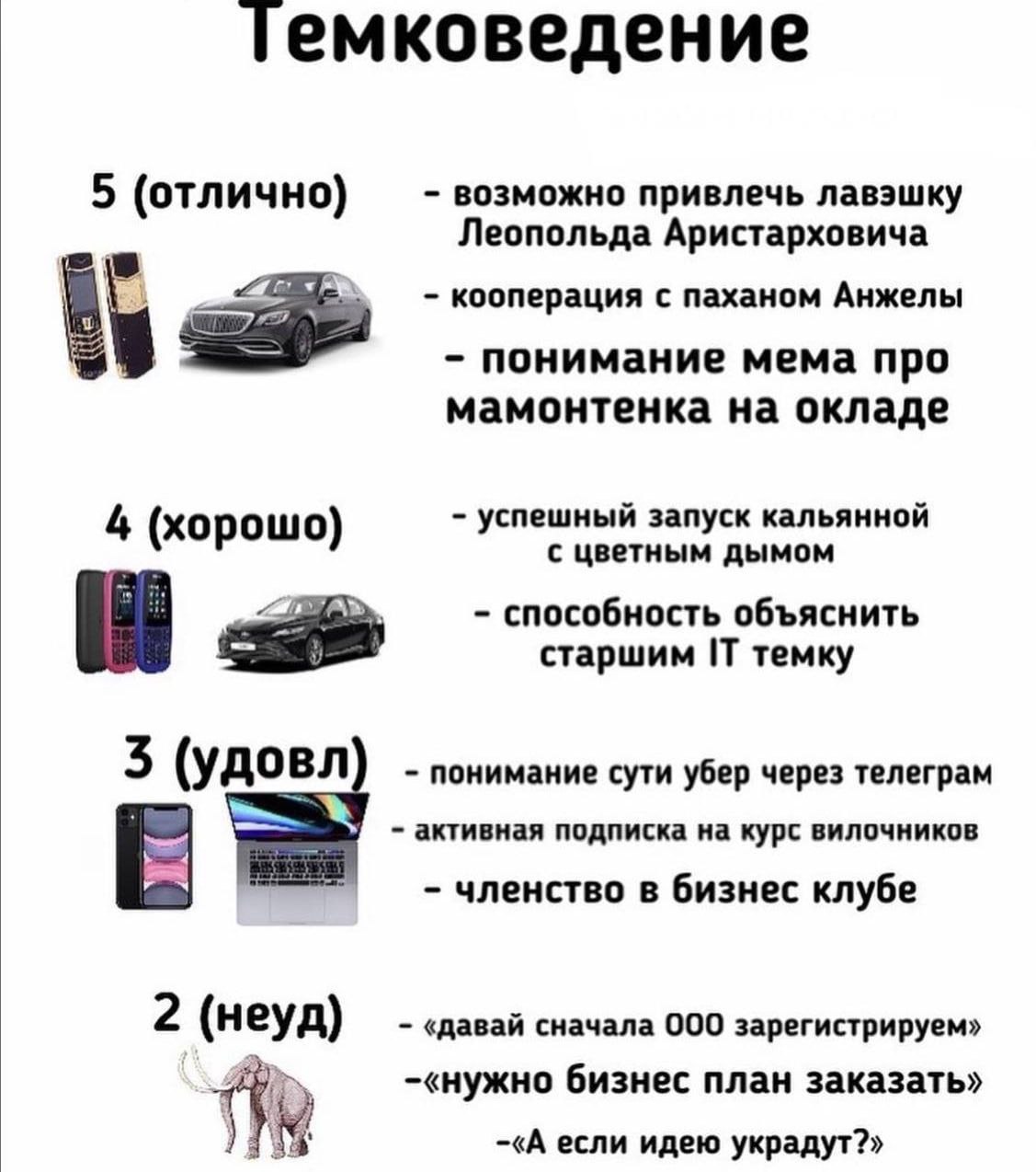 Темковедение 5 (отлично) возможно привлечь лавэшку Леопольда Аристарховича кооперация с паханом Анжелы понимание мема про мамонтенка на окладе 4 (хорошо) успешный запуск кальяннои с цветным дымом спос