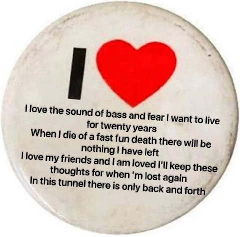 the Sound of bass and fear want to live for twenty years When die of a fast fun nothing I have left here will be my frien апа Гат loved keep these thoug hts for when lost again у In this tun nel there