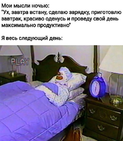 Мои мысли ночью: завтра встану, сделаю зарядку, приготовлю завтрак, красиво оденусь и проведу свой день максимально продуктивно" Я весь следующий день: DEPRES