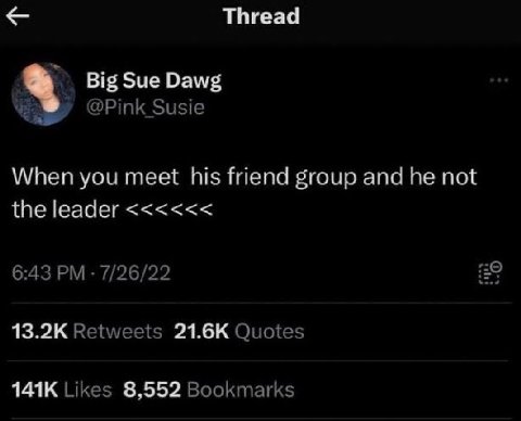 Thread Big Sue Dawg @Pink Susie When you meet his friend group and he not the leader 6:43 7/26/22 Retweets Quotes Likes 8,552 Bookmarks