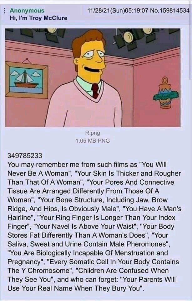 Anonymous 11/28/21 No.159814534 Troy McClure У R.png 1.05 PNG 349785233 You may remember me from such films as "You Will Never Be AWoman", "Your Skin Is Thicker and Rougher Than That Of AWoman", "Your