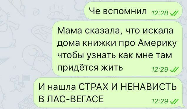 Че вспомнил Мама сказала, что искала дома книжки про Америку чтобы узнать как мне там придётся жить 12:29 И нашла СТРАХ И НЕНАВИСТЬ В ЛАС-ВЕГАСЕ